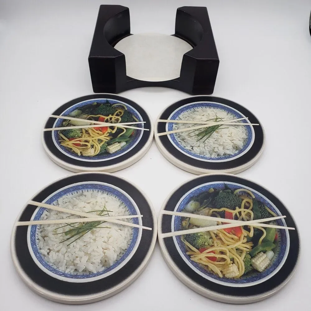 Ceramic Round Coasters Chinese Take Away Set of 4 & Wood Holder Rice Lo Mein Bar